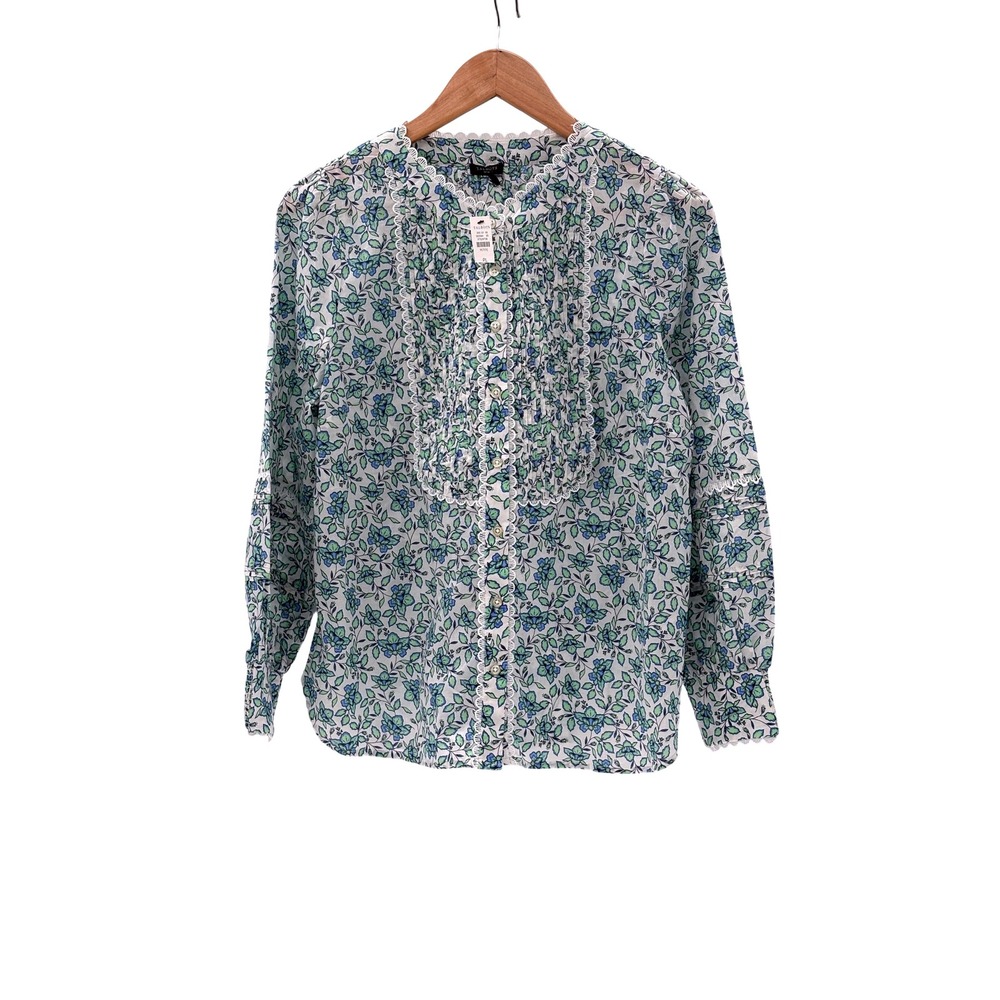 Talbots Blouse Cottagecore Women Large Petite Floral White Blue Puff‎ Sleeve New